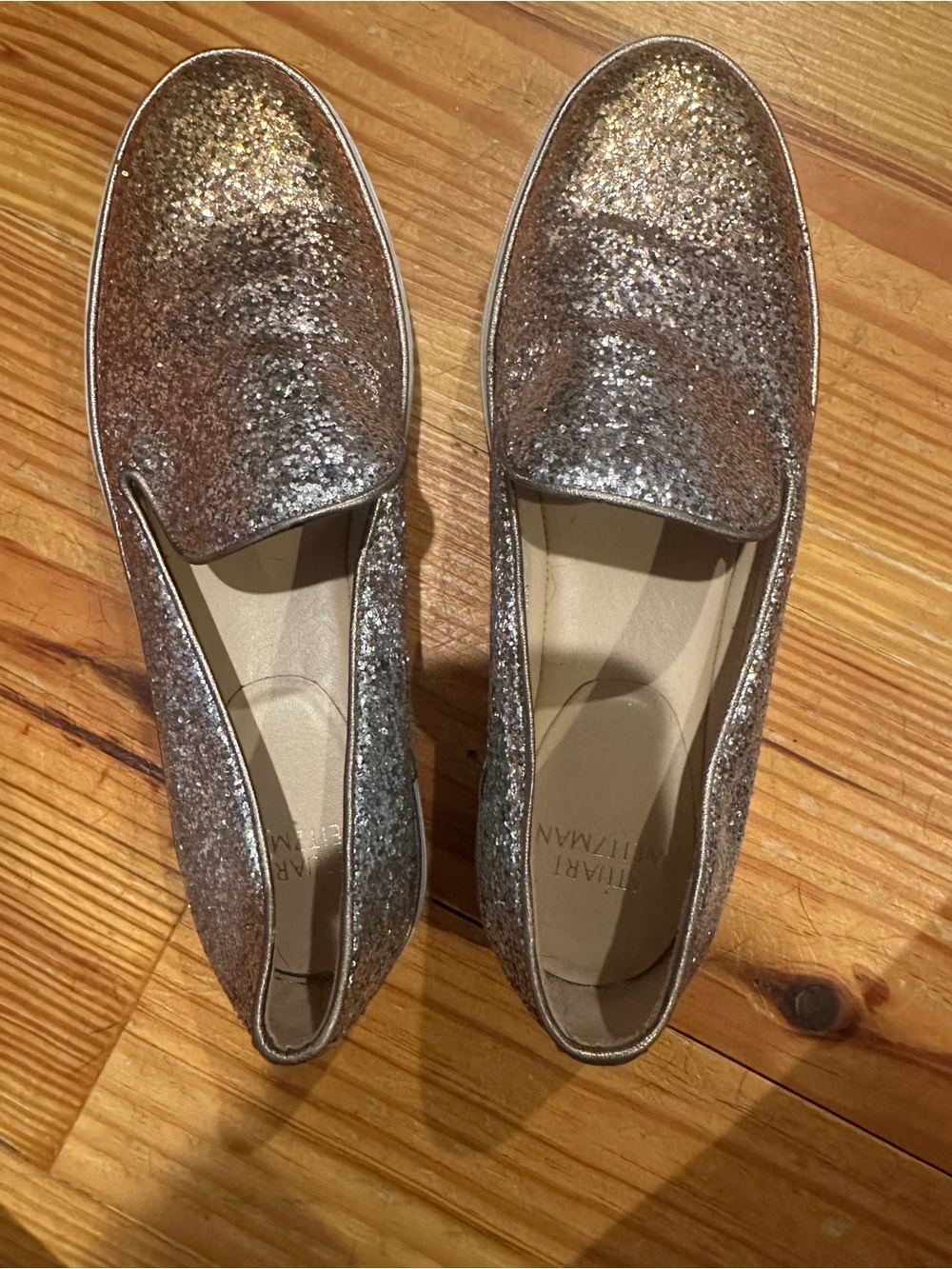 Stuart Weitzman Glitter Slip-On Loafers in Rose Gold/Silver
